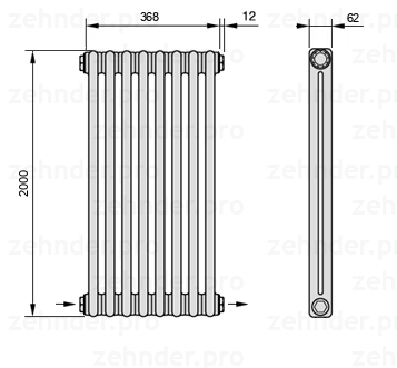 Схема (чертеж) Радиатор Zehnder Charleston 2200/8 №2670 Белый глянцевый RAL 9016